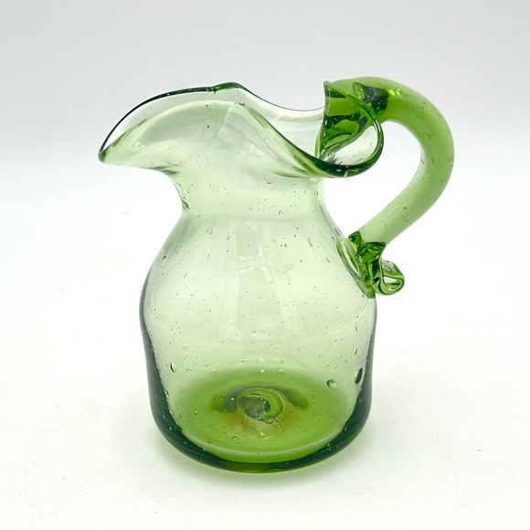 Hand Blown 5" Green Glass Pitcher Mini Carafe Bubble Art Glass Small Jug Vase - Picture 1 of 8